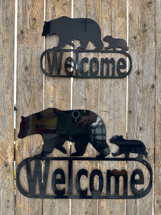 Black Bear with Cub Metal Welcome Sign